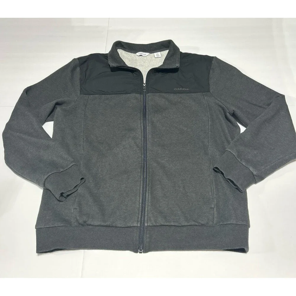 Calvin Klein Men's Large Gray Heather & Black Mixed-Media Full-Zip Jacket